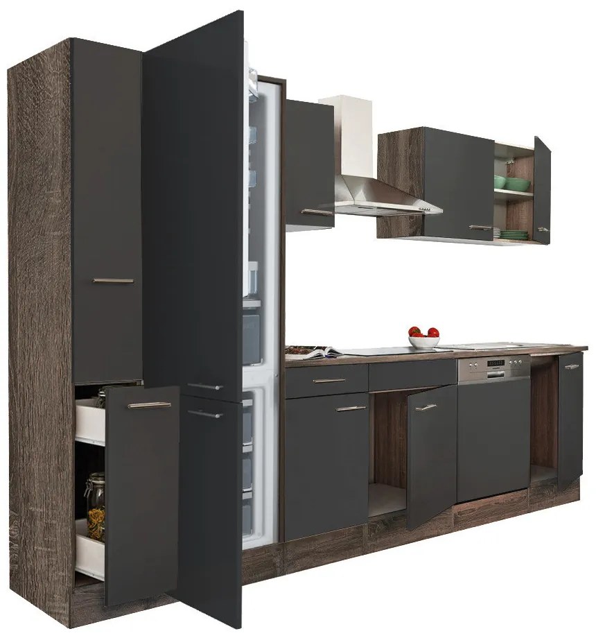 Mobilă de bucătărie Yorki 310, corp din stejar Yorki, față antracit satinat, frigider cu congelator în partea de jos