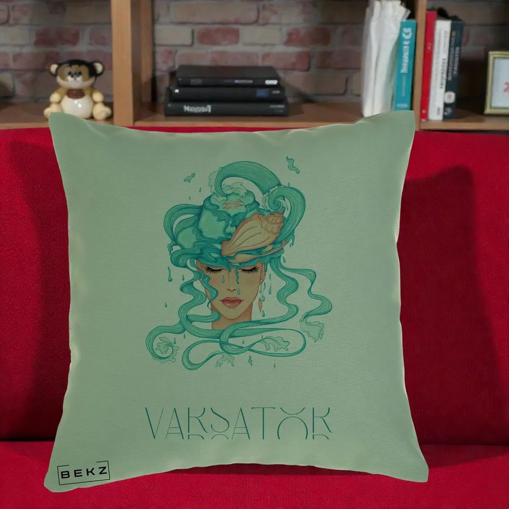 Perna Personalizata Zodiac Varsator Cowgirl, 40x40 cm, Verde, Husa Detasabila, Perna Inclusa, BEKZ®