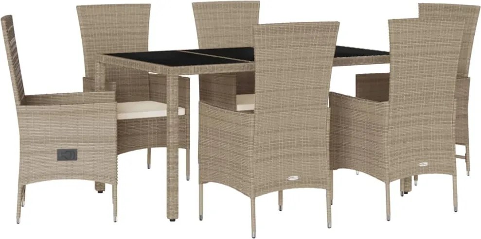 vidaXL Set de masă pentru grădină, 7 piese, cu perne, bej, poliratan