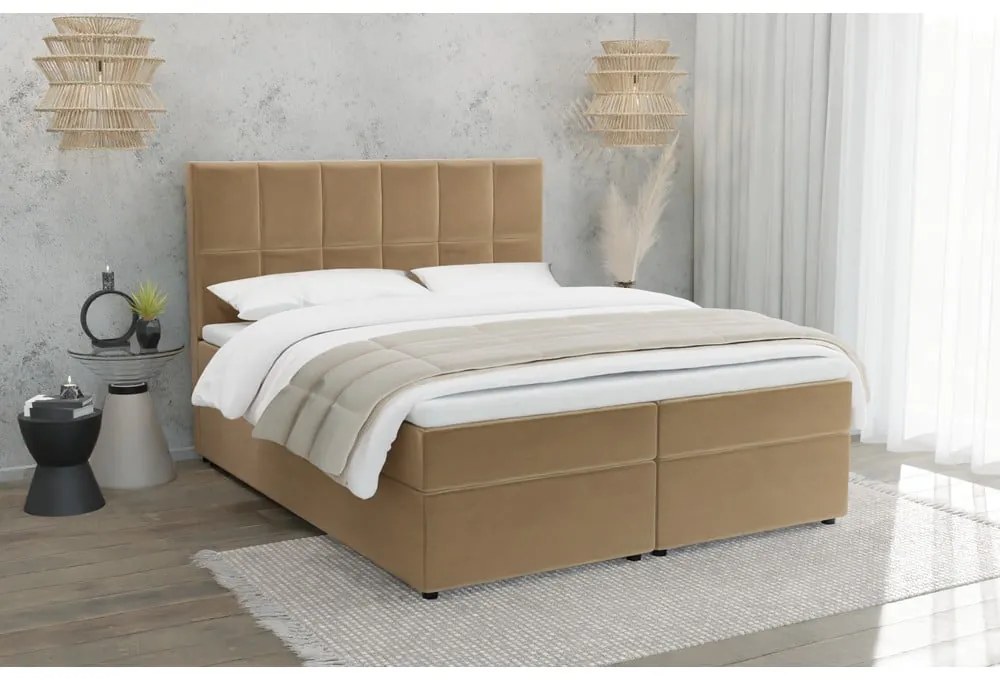 Pat boxspring galben ocru cu spațiu de depozitare 200x200 cm Flip – Ropez