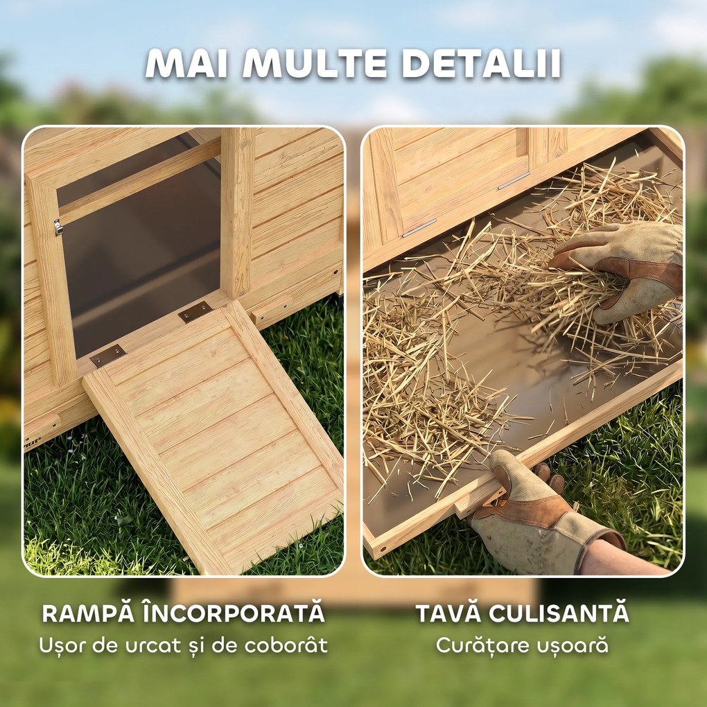 PawHut Coteț din Lemn cu 2 Căsuțe, Coteț pentru Găini de Exterior cu Acoperiș Impermeabil, Tavă Detașabilă și Bare, Adăpost pentru 2-4 Găini, Rațe, Grădină, 150x100x96,5 cm, Galben | Aosom Romania