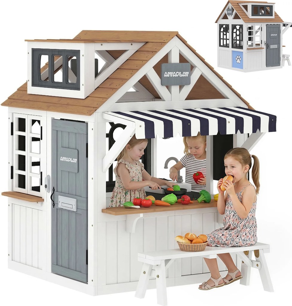 AIYAPLAY Căsuță pentru copii în aer liber din lemn, casă pentru copii în aer liber cu ușă pentru animale, ustensile de bucătărie, banc și sonerie, alb | Aosom Romania