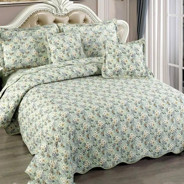 Cuvertură bumbac 100%, verde deschis cu flori mici, 5 piese, 230x250 cm, CB136