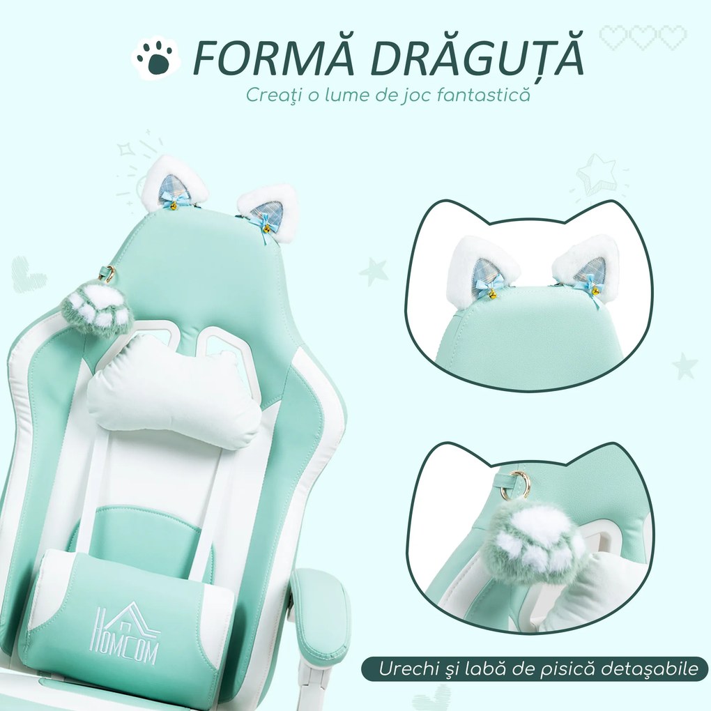 Scaun de Gaming Reclinabil HOMCOM cu Suport pentru Picioare și Perne, din Piele Artificială și Spumă, 65x62x116-124 cm, Albastru și Alb | Aosom Romania