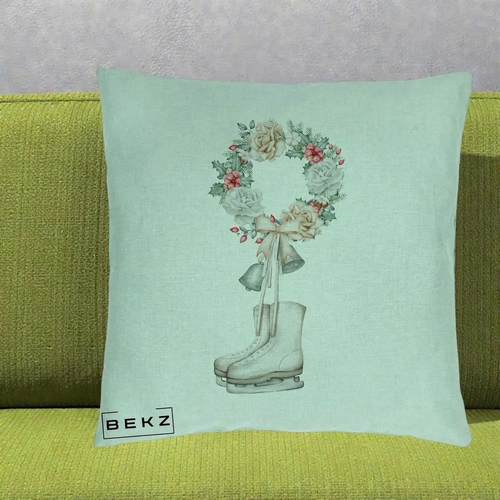 Perna Decorativa Patine cu Coroana Florala de Craciun, 40x40 cm, Verde Menta, Husa Detasabila, Perna Inclusa, BEKZ®