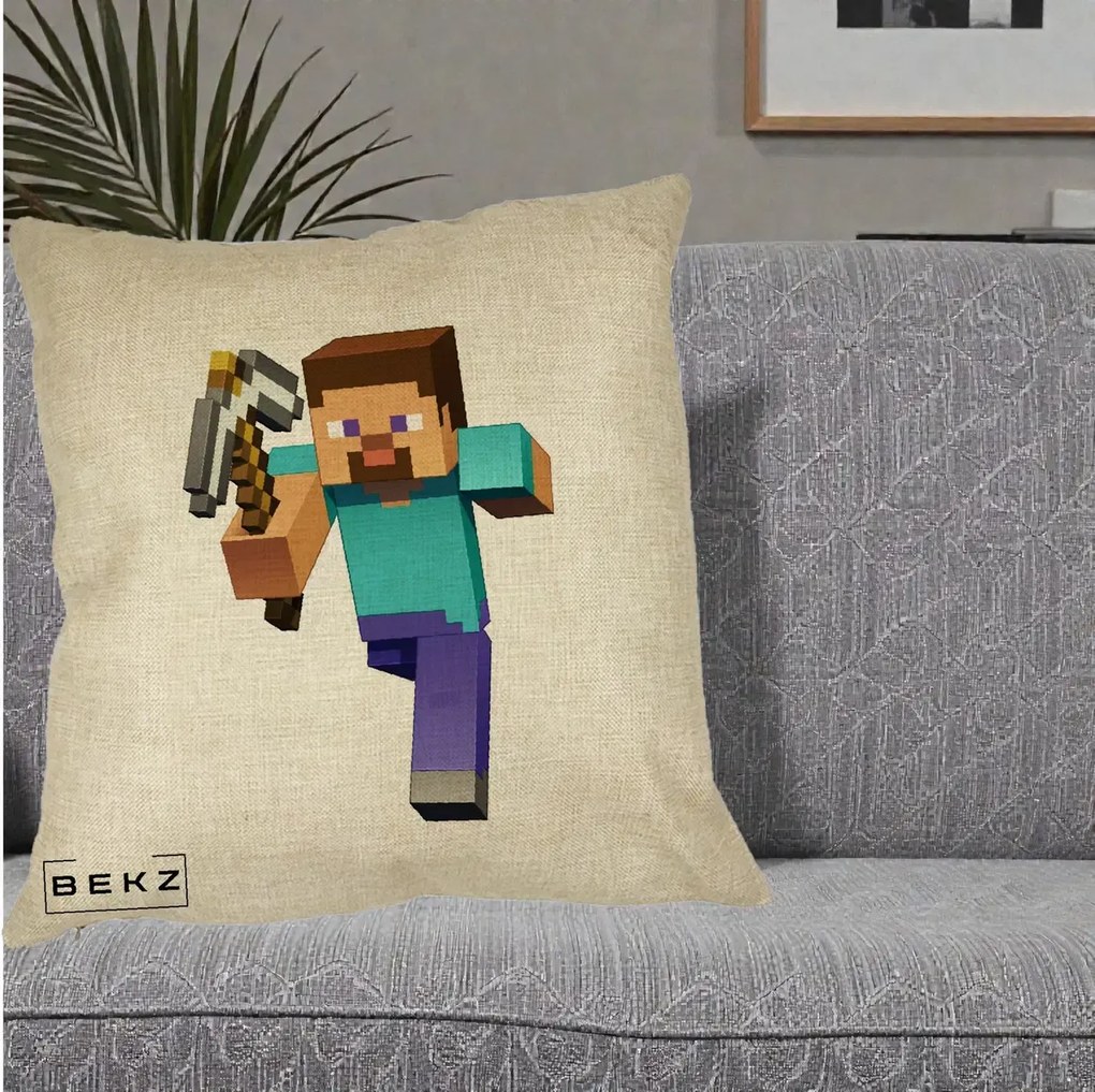 Perna Personalizata Minecraft Steve, 40x40 cm, Crem, Husa Detasabila, Perna Inclusa, BEKZ®