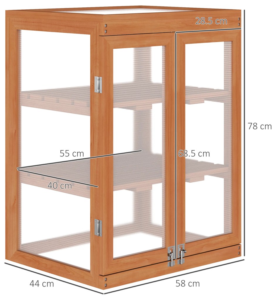 Outsunny Mini Sera de Gradina cu 3 Etajere din Lemn de Brad si Policarbonat, Deschidere Laterala si Frontala, 58x44x78cm, Portocaliu | Aosom Romania