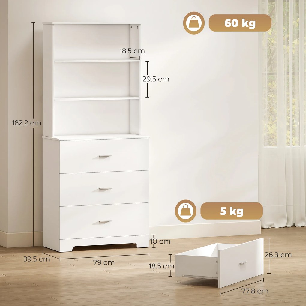 Bibliotecă HOMCOM cu 3 rafturi deschise și 3 sertare, din lemn, 79x39.5x182.2 cm, Alb | Aosom Romania
