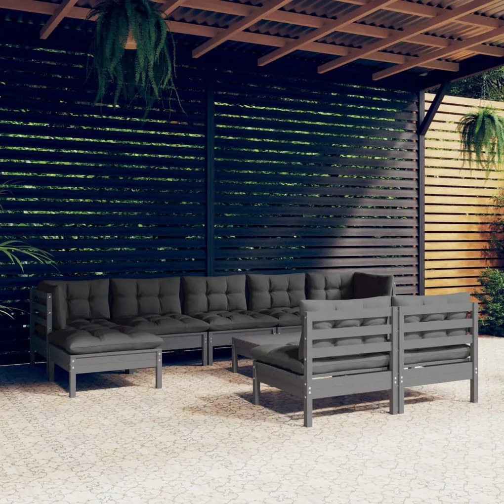 Set mobilier gradina cu perne, 10 piese, gri, lemn de pin Gri, 10