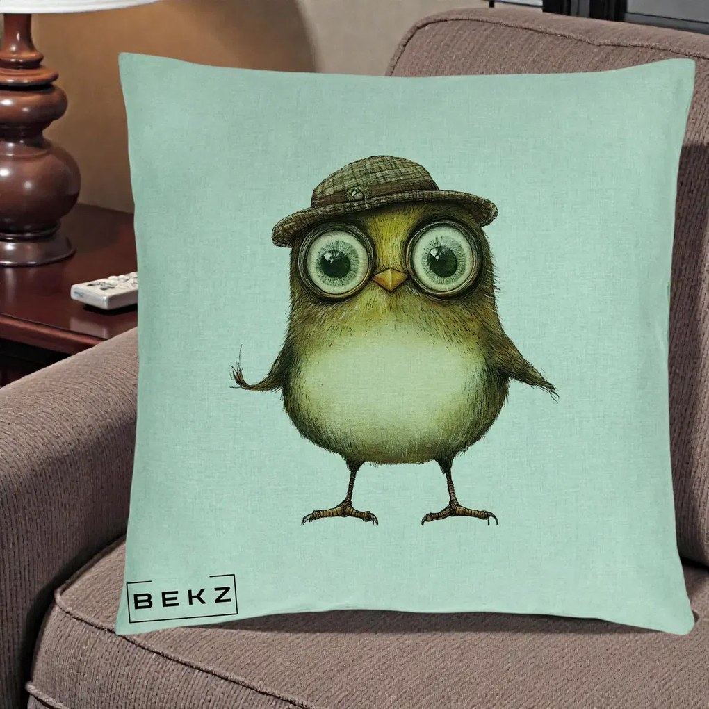 Perna Decorativa Pui Intelectual cu Palarie Tweed, 40x40 cm, Verde Menta, Husa Detasabila, Perna Inclusa, BEKZ®