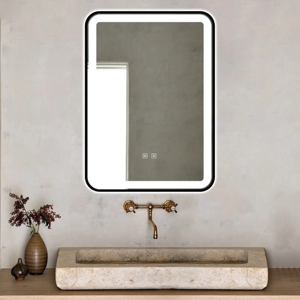 Oglindă Baie LED și Dezaburire Elit's Premium cu Senzor Touch, Lumina Rece, Caldă și Neutră, 50x70cm, cu rama Negru Antichizat
