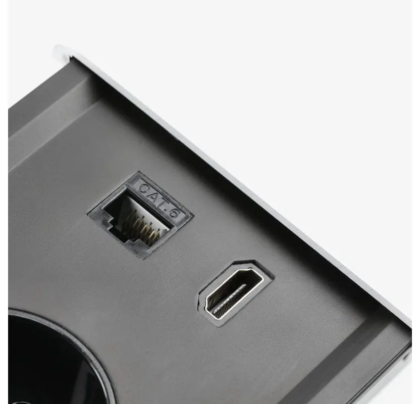 Priza incastrabila model PRESTINO, 2 iesiri Schuko, 1xHDMI, 1XRJ45, 1xUSB-A, 1xUSB-C, finisaj negru