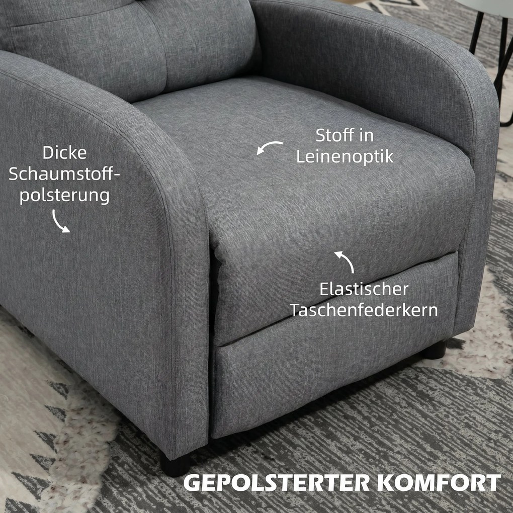 HOMCOM Fotoliu Reclinabil 155° max în Țesătură cu Efect de In Gri cu Suport pentru Picioare, 67x87x98 cm | Aosom Romania