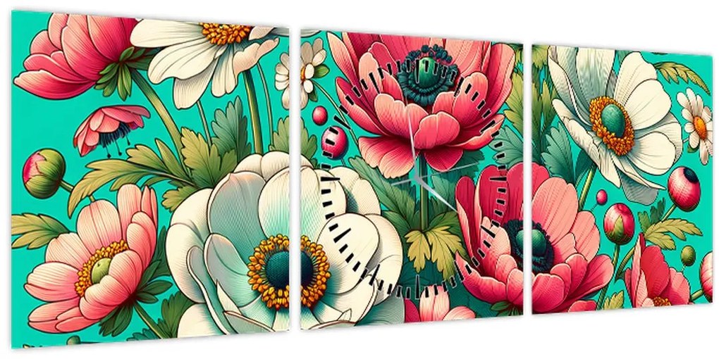 Tablou - Flori pe fundal albastru (cu ceas) (90x30 cm)