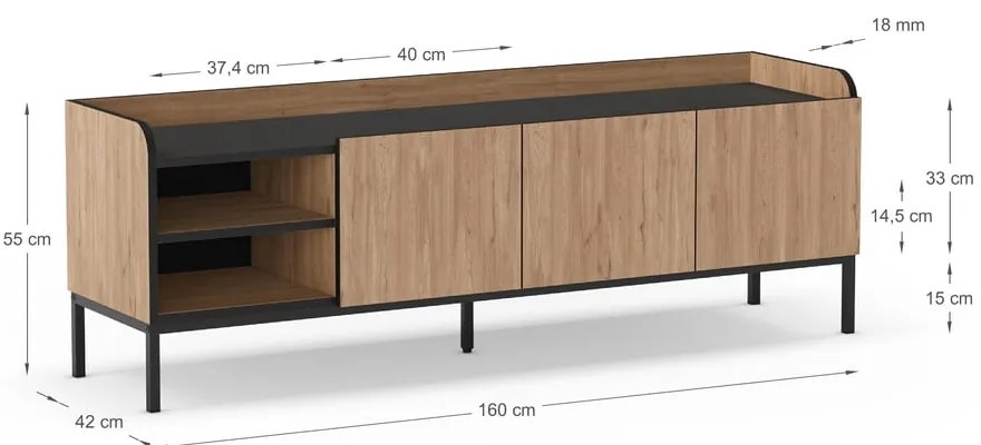 Comodă TV în culoare naturală cu aspect de lemn de stejar 160x55x42 cm Adara – Marckeric