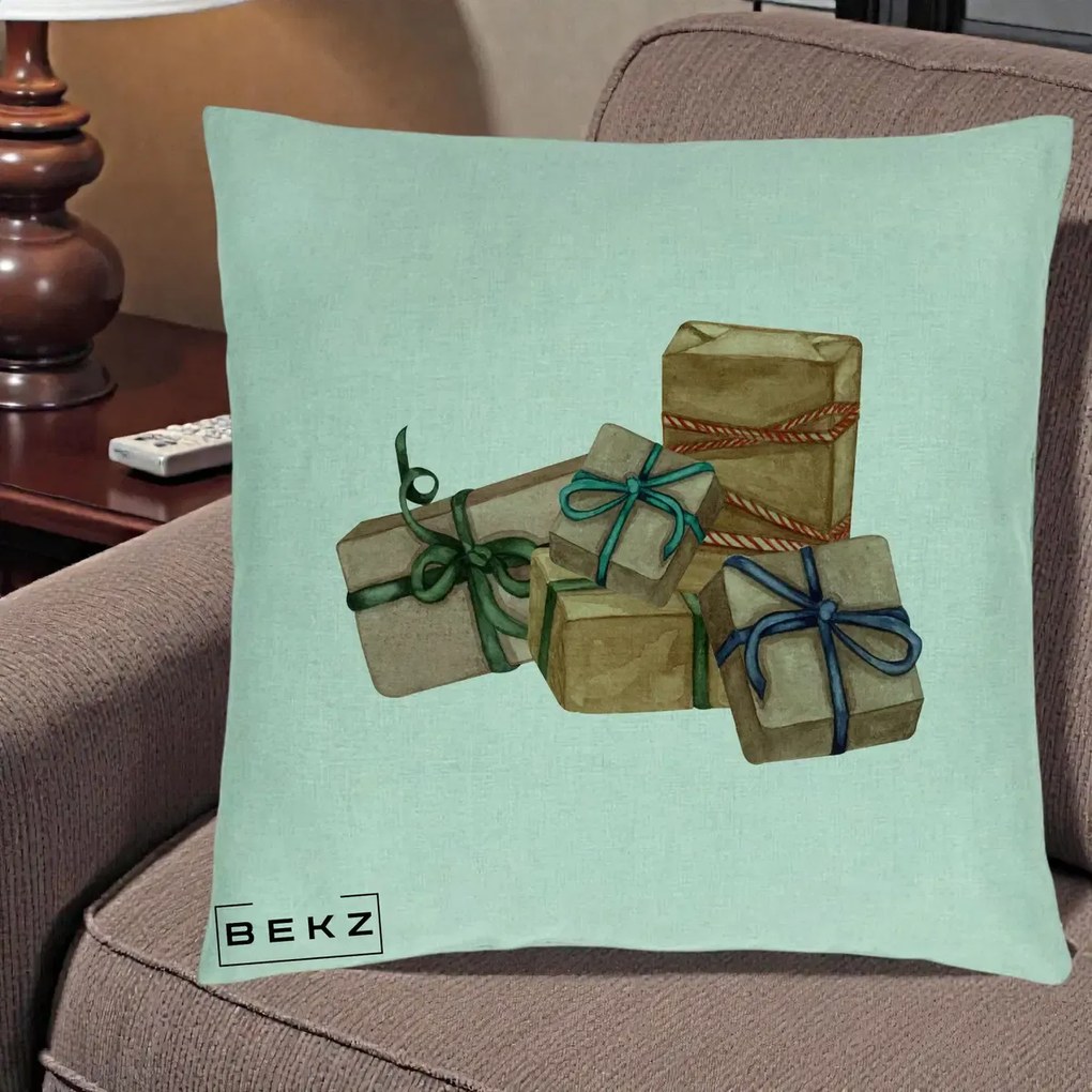 Perna Decorativa Cadouri de Craciun Kraft, 40x40 cm, Verde Menta, Husa Detasabila, Perna Inclusa, BEKZ®