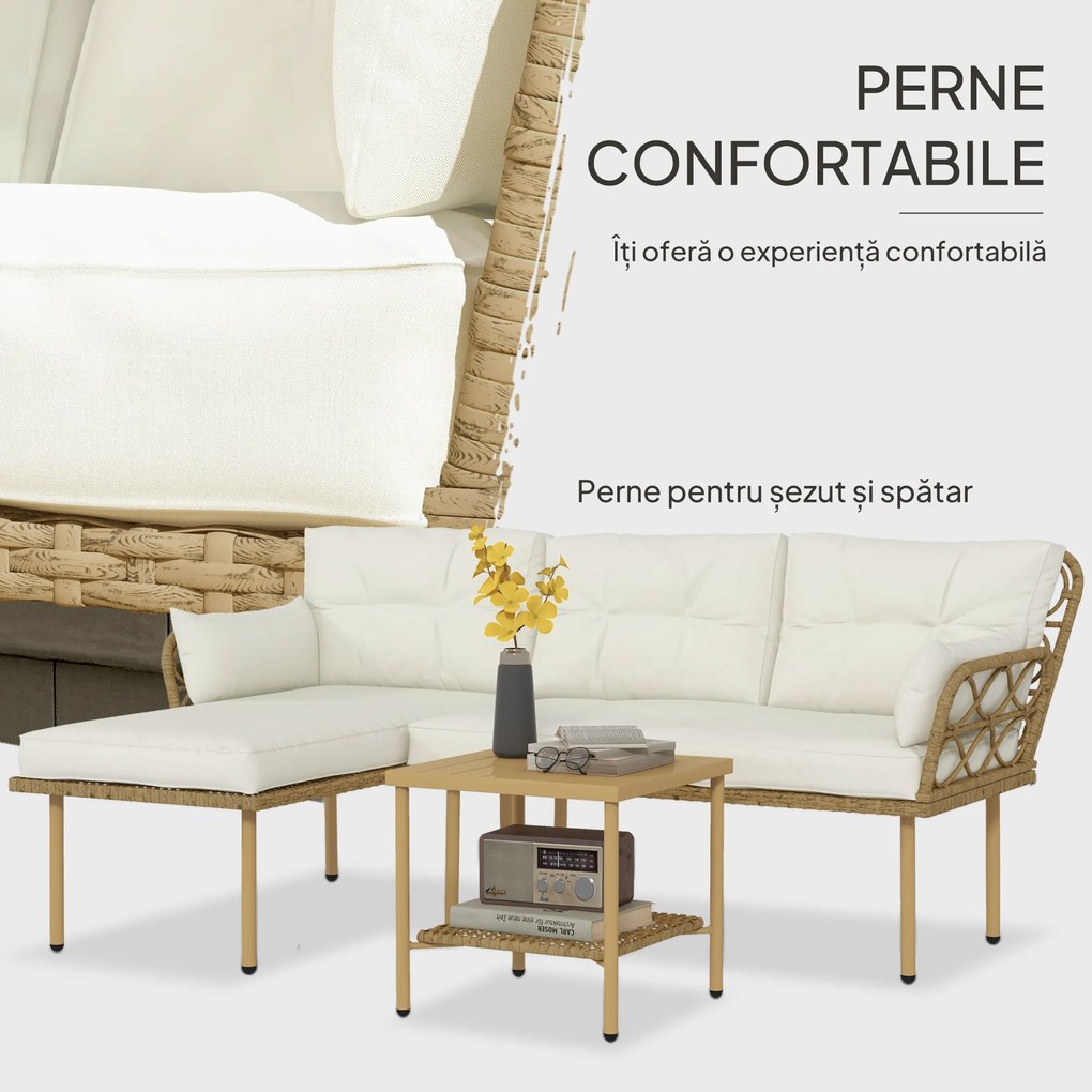 Outsunny Set Mobilier Grădină 4 Persoane, 3 Piese cu Măsuță de Cafea, Perne Confortabile Incluse, Ratan Crem | Aosom Romania