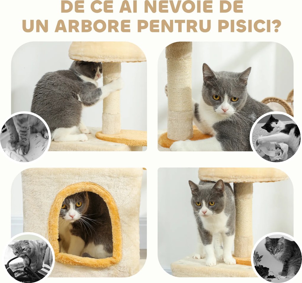 PawHut Arborele pentru Pisici cu Crenguță și Căsuță 40x30x72 cm Bej și Galben | Aosom Romania