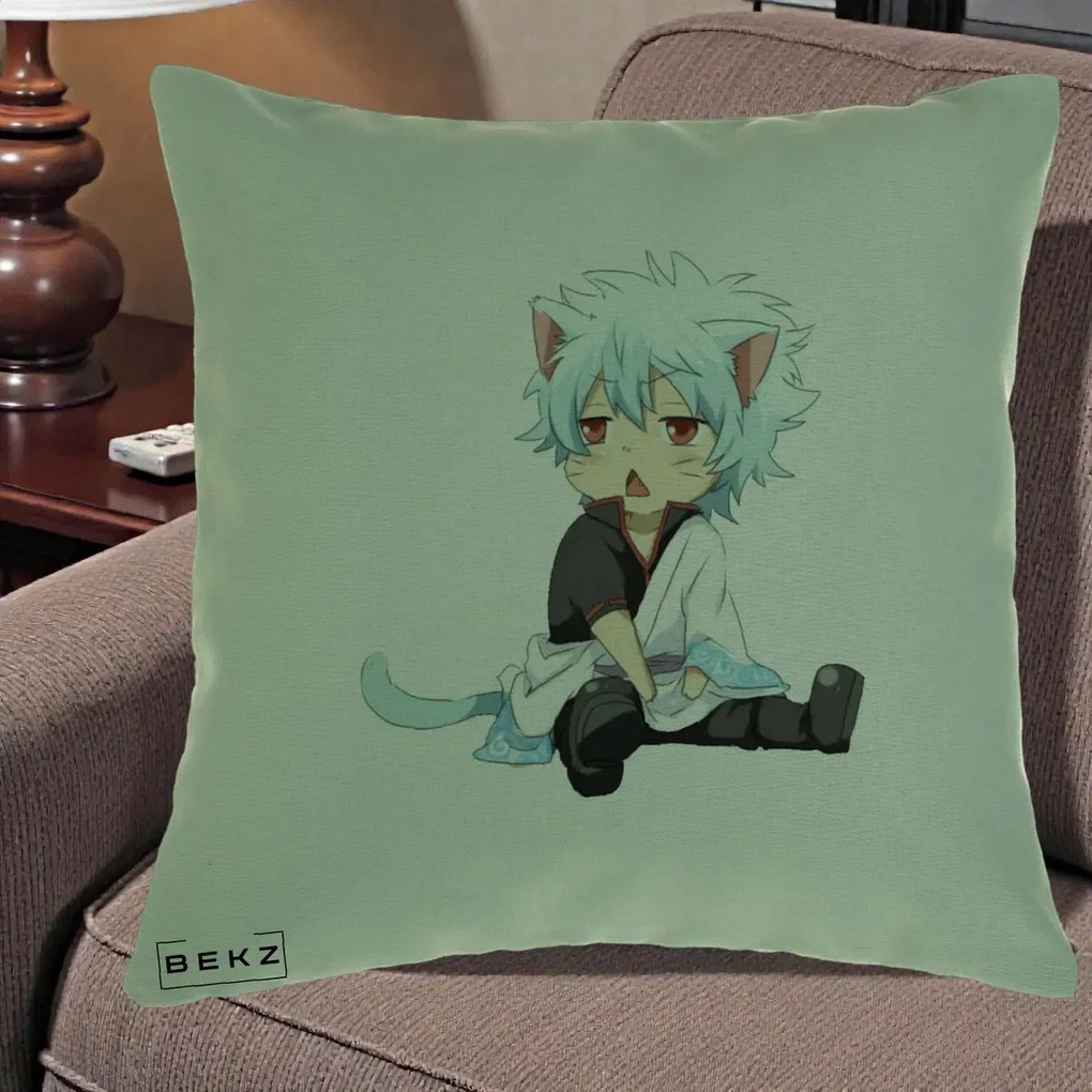 Perna Personalizata Gintama Gintoki Chibi Pisica, 40x40 cm, Verde, Husa Detasabila, Perna Inclusa, BEKZ®