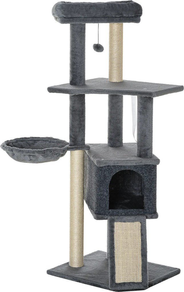 PawHut Ansamblu Zgâriat Pisici cu Stâlpi Sisal, Căsuță, Hamac, Platforme, 127 cm, PAL și Pluș, Gri | Aosom Romania