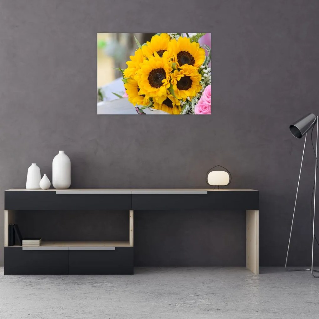 Tablou pe sticlă cu buchetul miresii de floarea soarelui (70x50 cm)