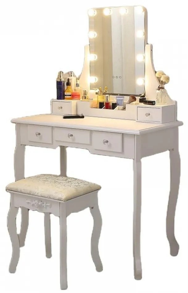 Set Henrieta, Masă de toaletă cu oglindă iluminată LED, control touch, 5 sertare, scaun, Alb
