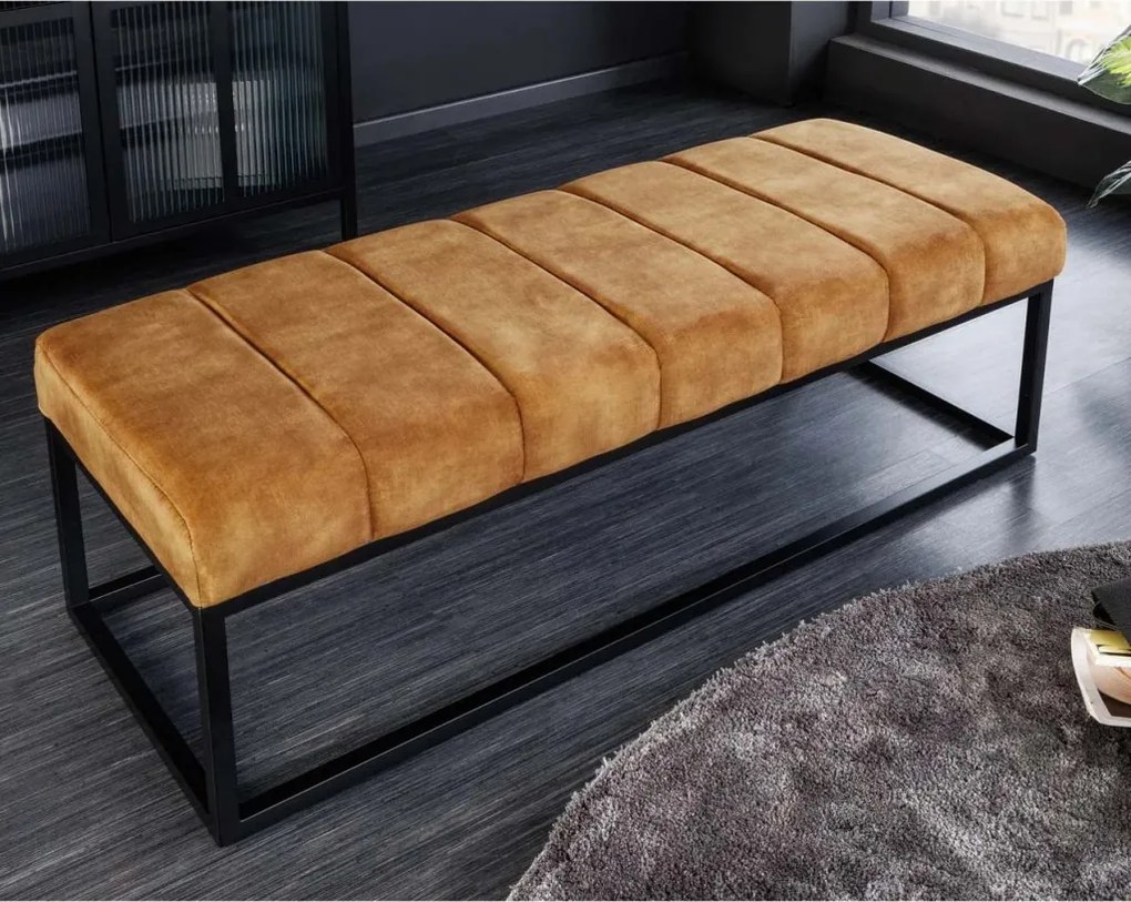 Bancheta tapitata Petit Beaute 110cm, catifea galben mustar