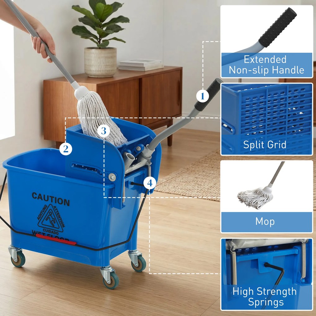 HOMCOM Găleată pentru mop cu stoarcere, panou separator și roți, capacitate 20 L pentru curățenie casnică 45x26,5x70 cm albastru | Aosom Romania