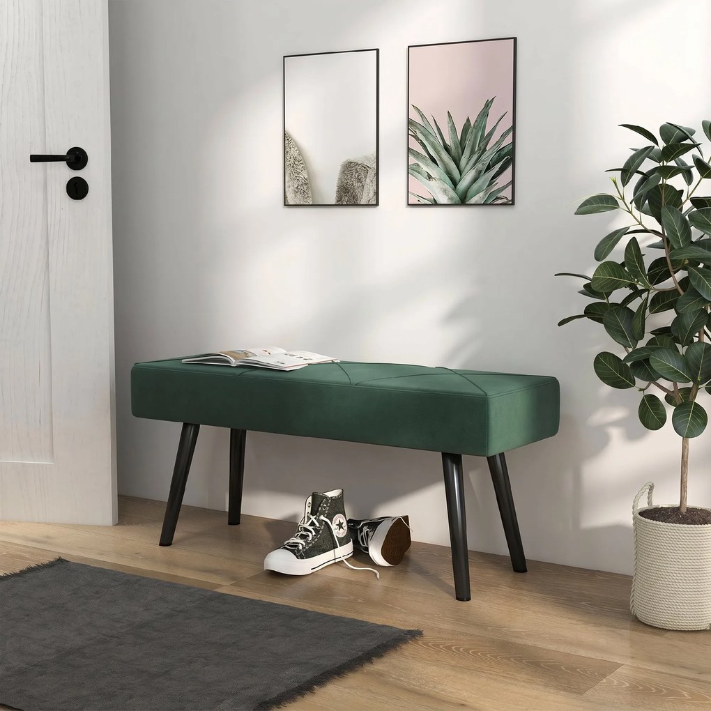 HOMCOM Bancă pentru Capătul Patului, Bancă cu Picioare din Oțel și Țesătură cu Efect de Catifea, 100x36x45 cm, Verde | Aosom Romania