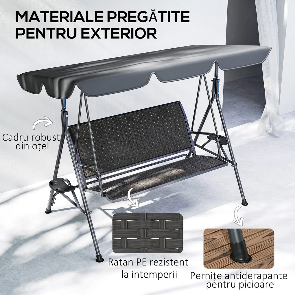Outsunny Leagăn de Grădină 3 Locuri din Ratan PE cu Acoperiș Reglabil și Suporturi pentru Pahare, Leagăn de Exterior cu Cadru din Oțel, Capacitate 320 kg, 204x112x150 cm, Gri | Aosom Romania