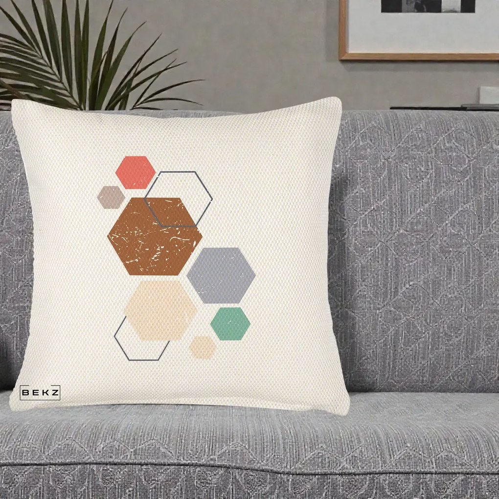 Perna Decorativa Geometric Hexagoane Multicolor, 40x40 cm, Crem Reliefat, Husa Detasabila, Perna Inclusa, BEKZ®