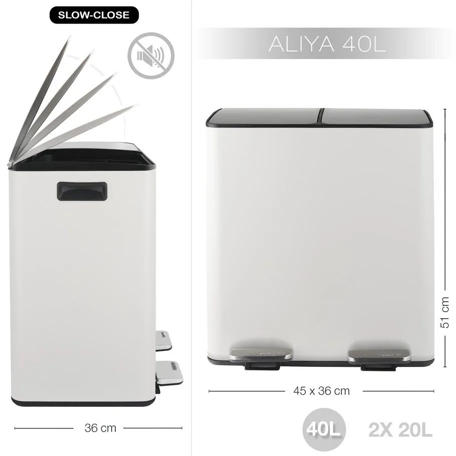 Coș de gunoi alb mat pentru reciclare/cu pedală 2x20 l din oțel Aliya – Spirella