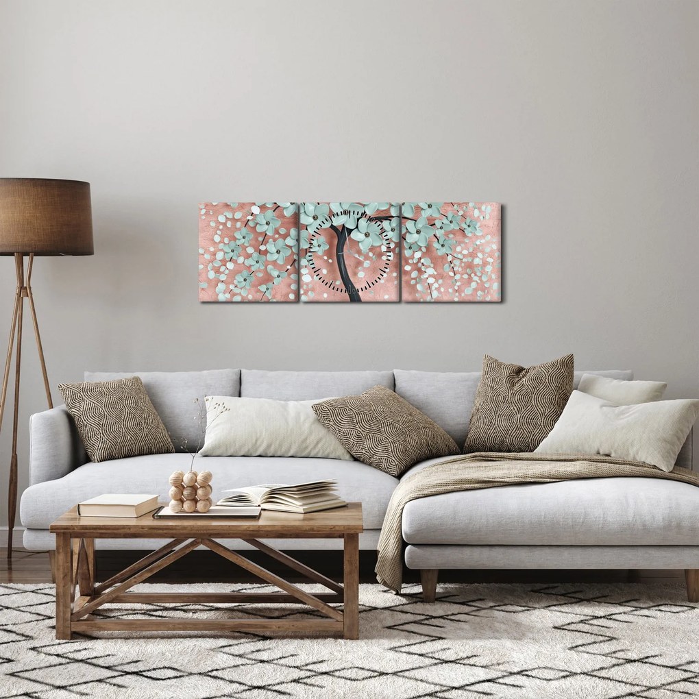 Tablou - Flori albastre în pastel (cu ceas) (90x30 cm)