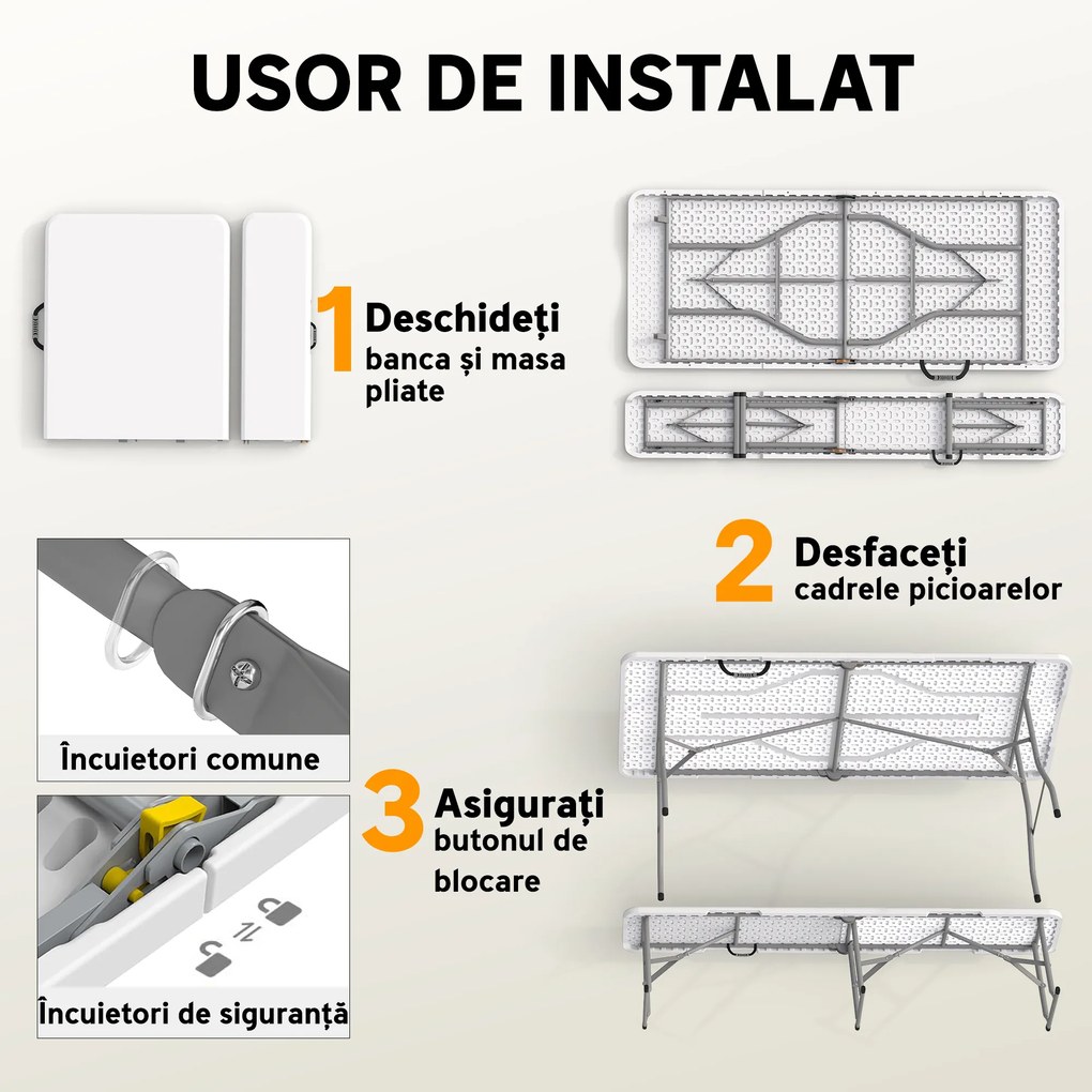 Outsunny Set Masă de Camping Pliabilă cu 2 Scaune, 180x74x74 cm, Alb | Aosom Romania
