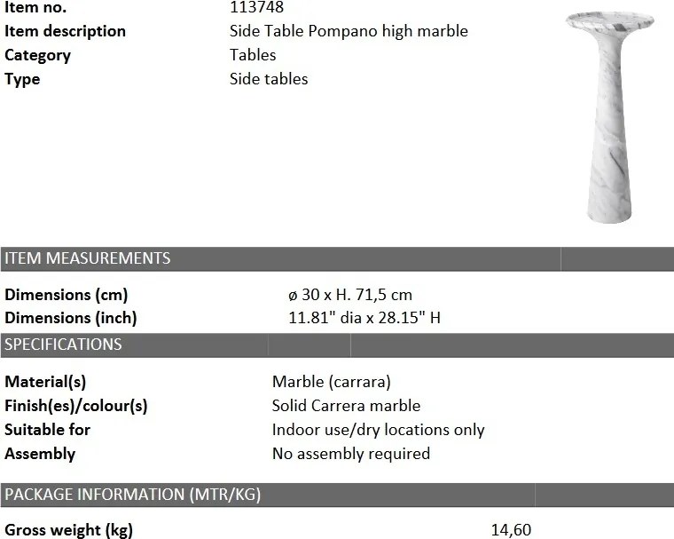 Masuta auxiliara design LUX din marmura Pompano high 113748 HZ