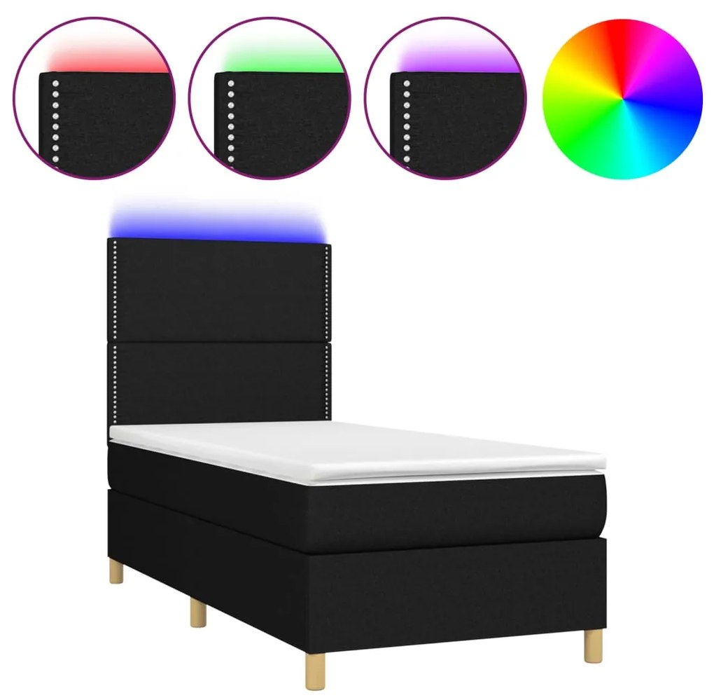 3135311 vidaXL Pat cu arcuri, saltea și LED, negru, 80x200 cm, textil