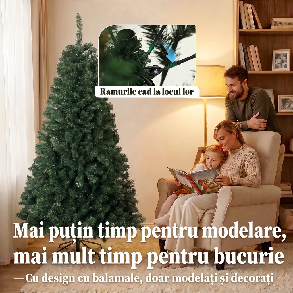 HOMCOM Brad Artificial de Crăciun, 180 cm, 888 Ramuri Ignifuge, Bază Metalică Pliabilă, Verde | Aosom Romania