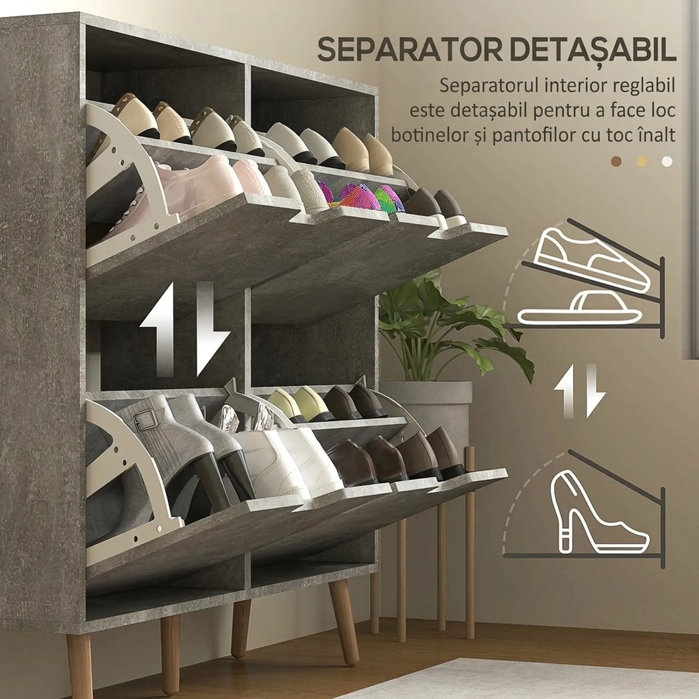 HOMCOM Pantofar cu 4 Sertare Rabatabile pe 2 Niveluri pentru 16 Perechi de Pantofi, 95x26x95 cm, Gri | Aosom Romania