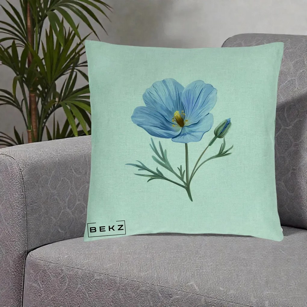 Perna Decorativa Mac Albastru Acuarela, 40x40 cm, Verde Menta, Husa Detasabila, Perna Inclusa, BEKZ®