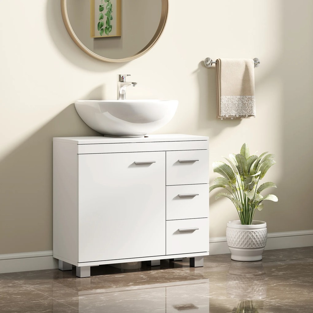 HOMCOM Dulap Sub Lavoar pentru Baie cu Ușă Amortizată și 3 Sertare, Decupaj în Formă de U și Rafturi, Dulap Modern și Compact pentru Lavoare cu Piedestal sau Fără, Alb | Aosom Romania