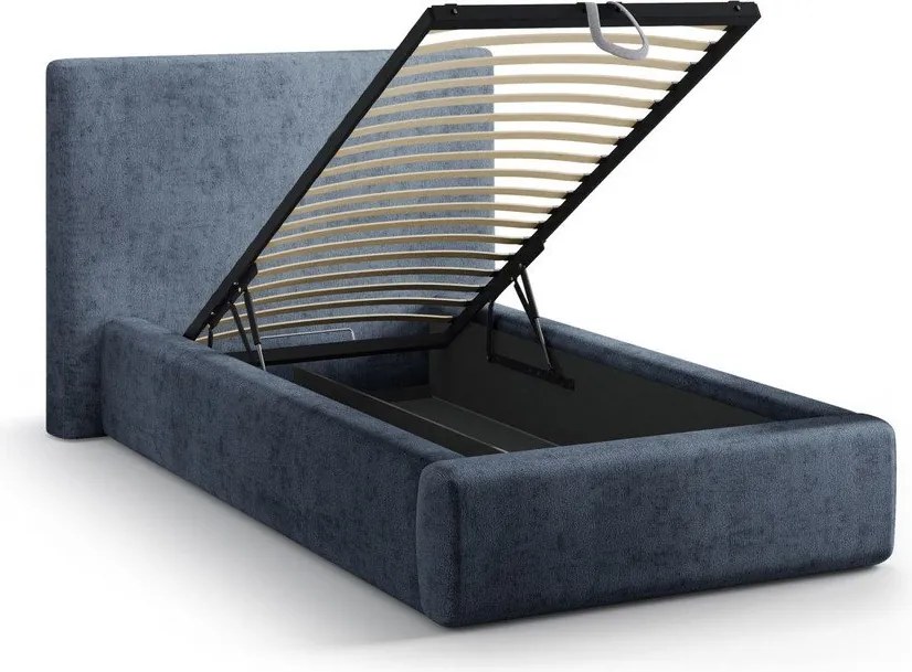 Pat albastru închis tapițat cu spațiu de depozitare cu somieră 90x200 cm Amy – Micadoni