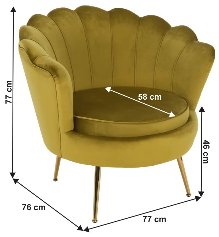 Fotoliu în stil Art-deco, catifea Velvet muştar/crom auriu, NOBLIN