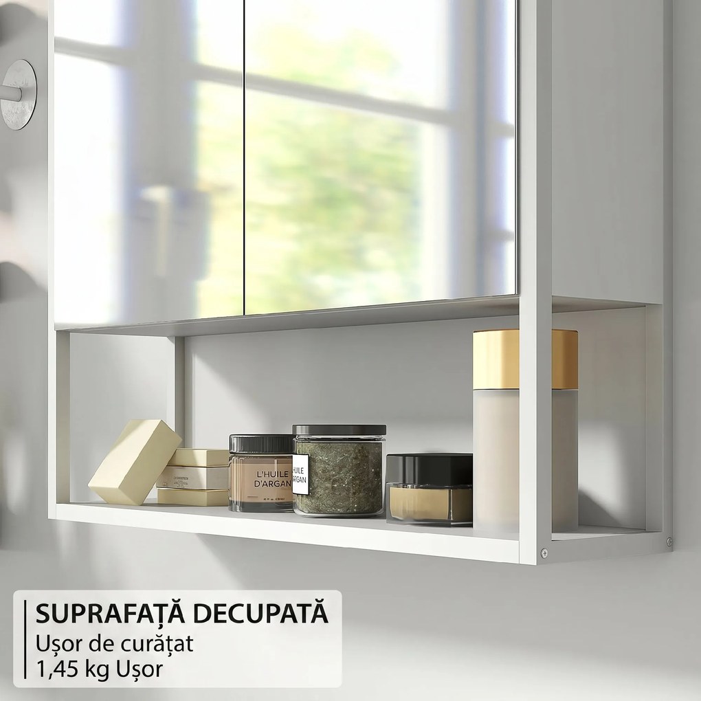 HOMCOM Dulap de Baie de Perete cu Oglindă, Dulap cu Raft Reglabil și Raft Deschis, 60x16x60 cm, Alb | Aosom Romania