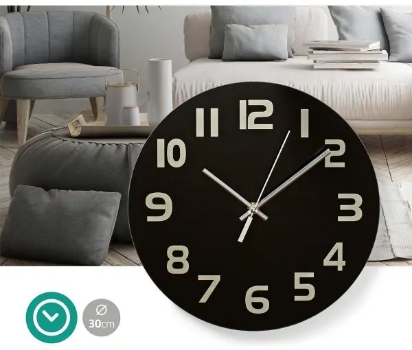 Ceas de perete Nedis CLWA006GL30BK 1xAA/1,5V sticlă 30 cm negru