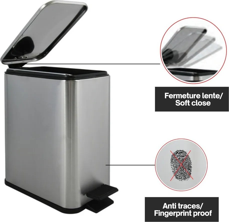 Coș de gunoi argintiu mat cu pedală din oțel 5 l Erik – Spirella