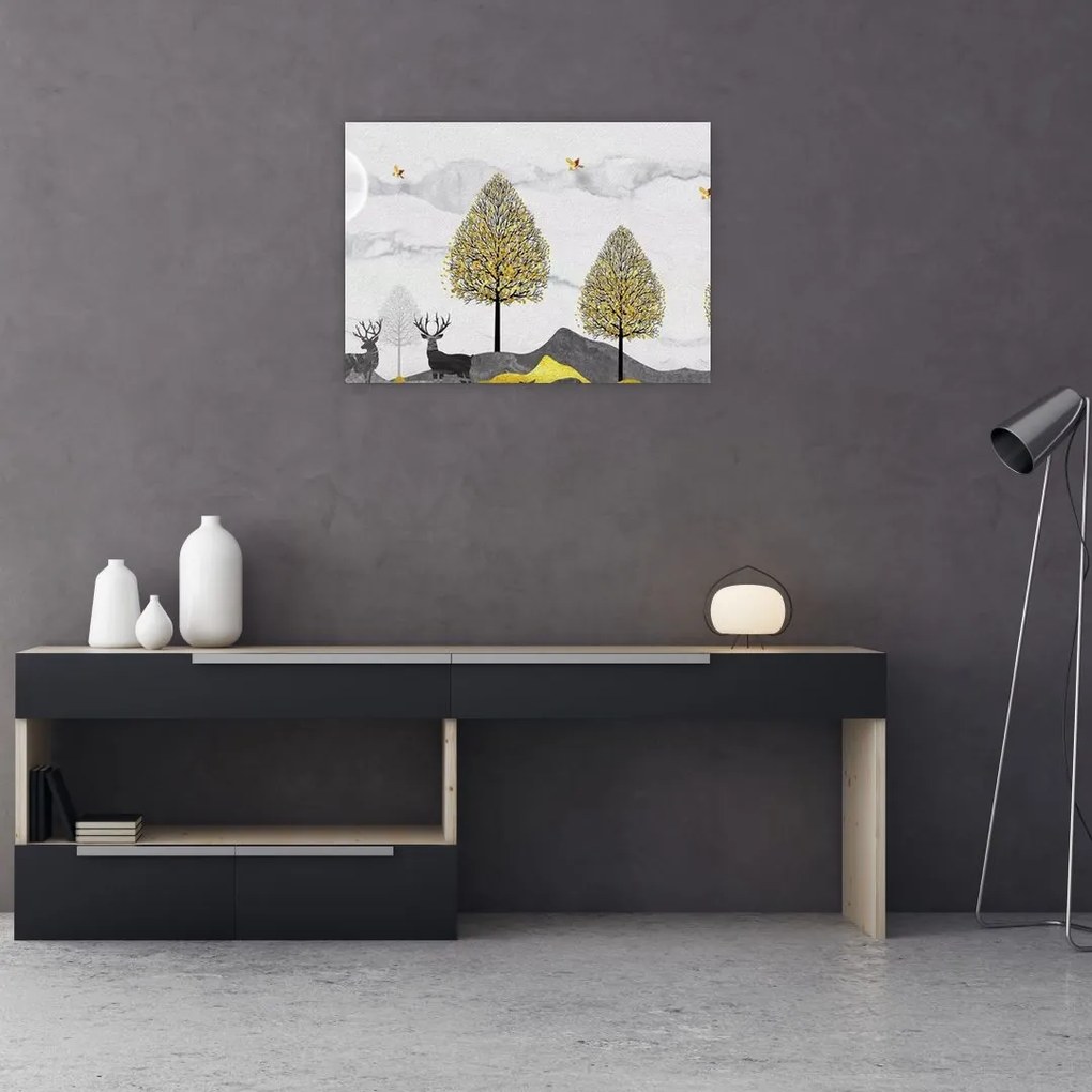 Tablou pe sticlă cu cerbi pictați (70x50 cm)