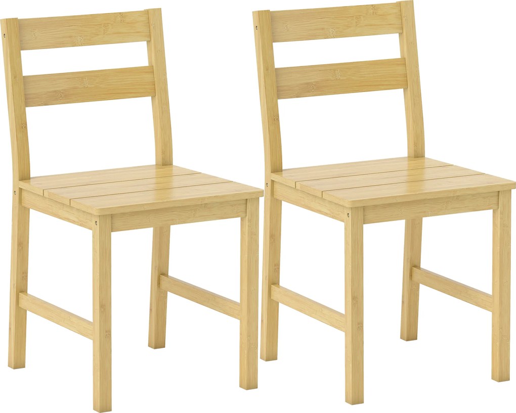 HOMCOM Set de 2 Scaune de Masă din Bambus, Scaune de Bucătărie cu Spătar Curbat, Șezut cu Lamele, Scaun pentru Bucătărie, Dormitor, Living, Culoare Naturală | Aosom Romania