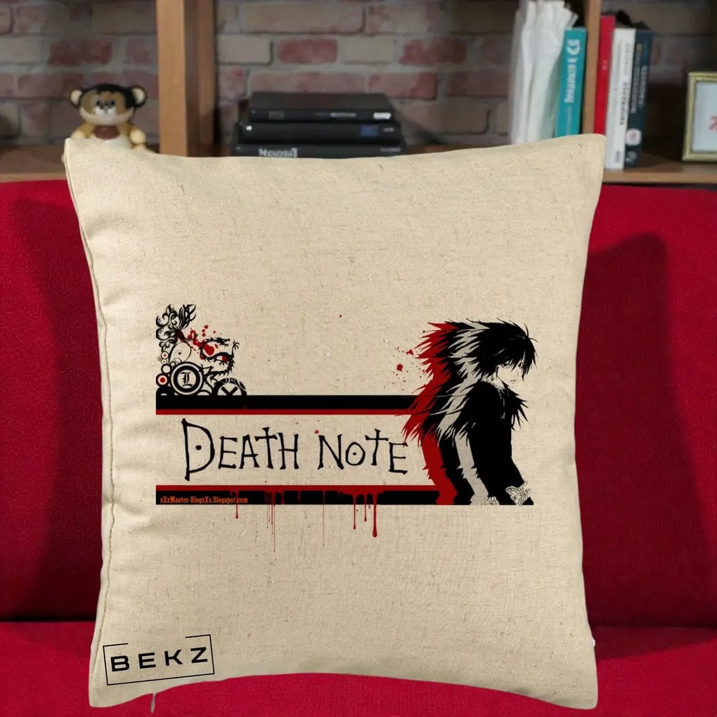 Perna Personalizata Death Note L Lawliet Rosu-Negru, 40x40 cm, Bej, Husa Detasabila, Perna Inclusa, BEKZ®
