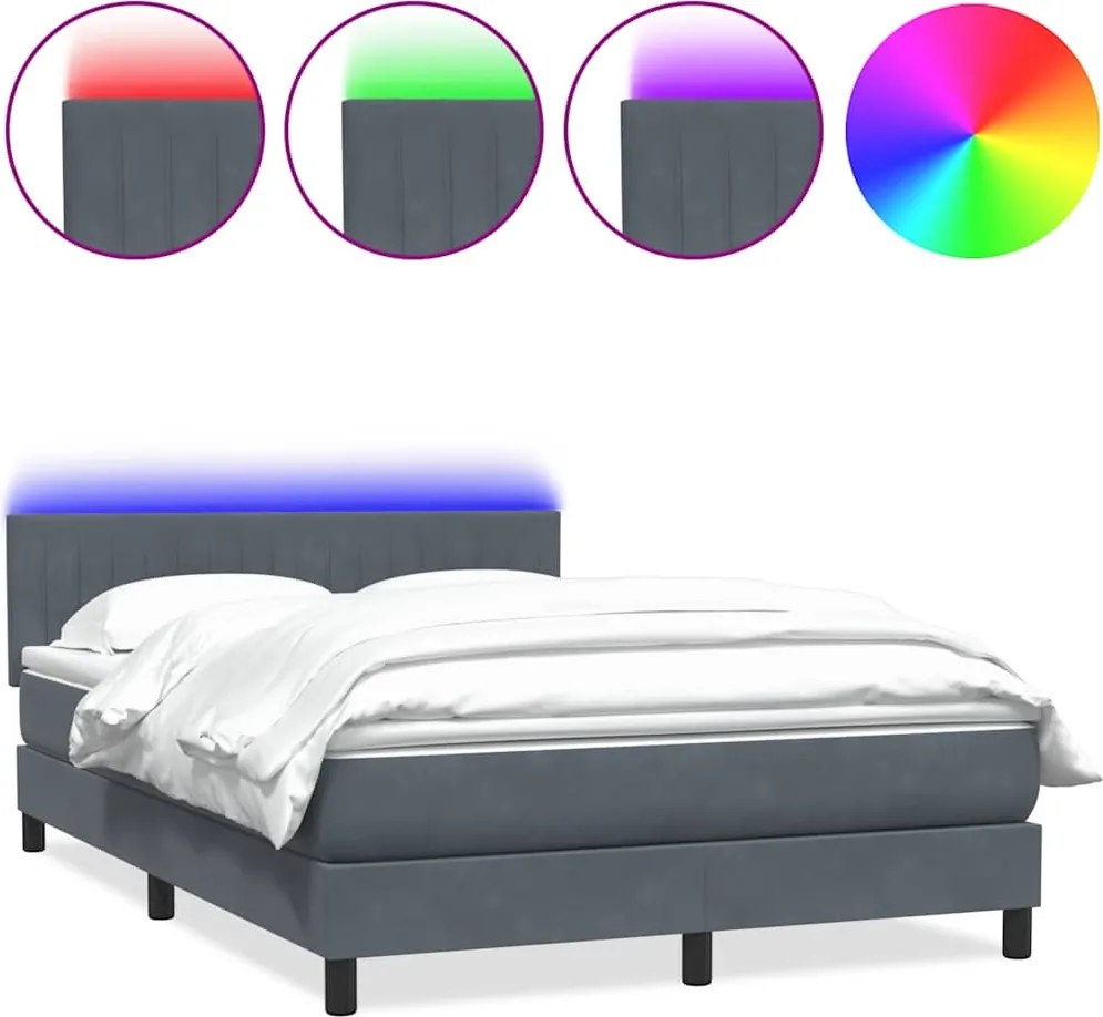 vidaXL Pat cu arcuri cu saltea și LED, gri închis, 140x220 cm, catifea