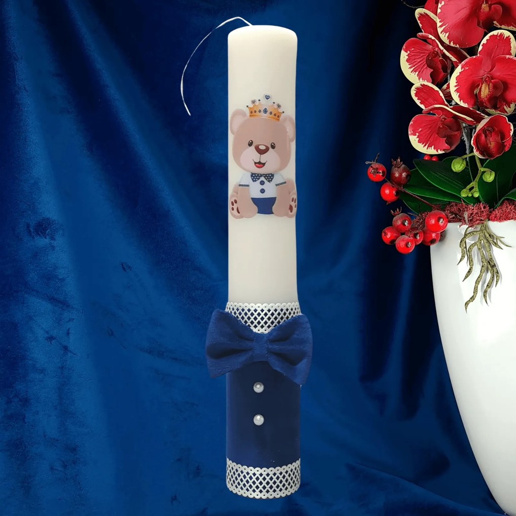 Lumanare botez Ursulet decorata cu catifea albastra 7 cm, 30 cm